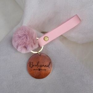Keychain Wristlet and Puff with Laser Engraved Pendant - Bridesmaid